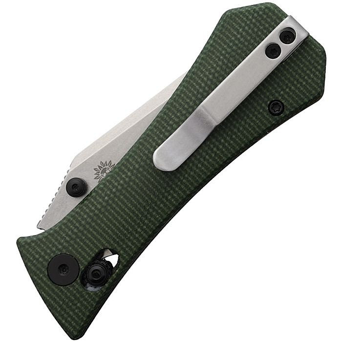 AUX005GRN 3.75" (9.53cm) closed. 2.75" (6.99cm) stonewash finish 14C28N Sandvik stainless tanto blade. Green canvas micarta handle. Thumb stud. Pocket clip. Orange G10 backspacer.