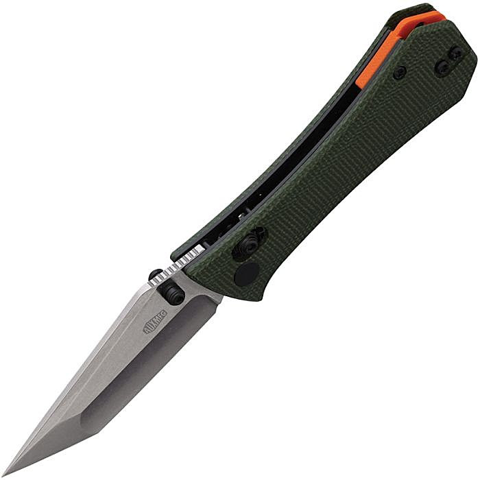 AUX005GRN 3.75" (9.53cm) closed. 2.75" (6.99cm) stonewash finish 14C28N Sandvik stainless tanto blade. Green canvas micarta handle. Thumb stud. Pocket clip. Orange G10 backspacer.