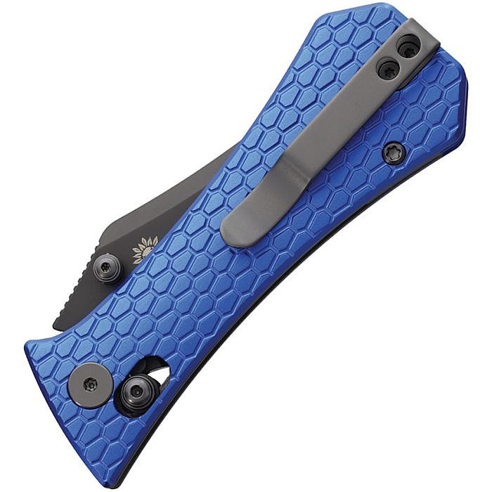 AUX009BLU 3.75" (9.53cm) closed. 2.75" (6.99cm) black finish 14C28N Sandvik stainless bowie blade. Blue aluminum handle. Thumb stud. Pocket clip.