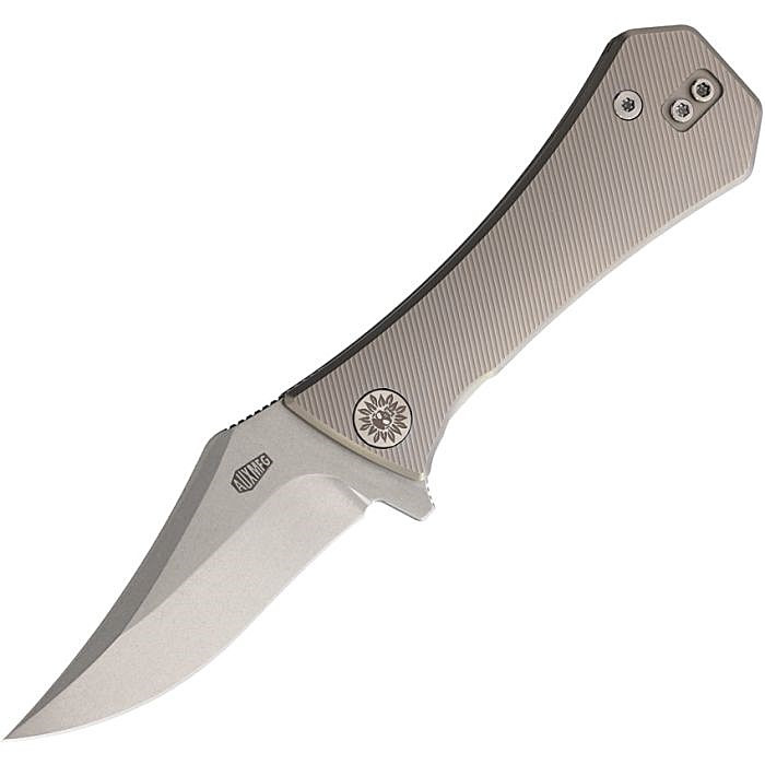 AUX002TIBW 3.75" (9.53cm) closed. 2.75" (6.99cm) stonewash finish Bohler M390 stainless clip point blade. Gray textured titanium handle. Extended tang. Pocket clip.