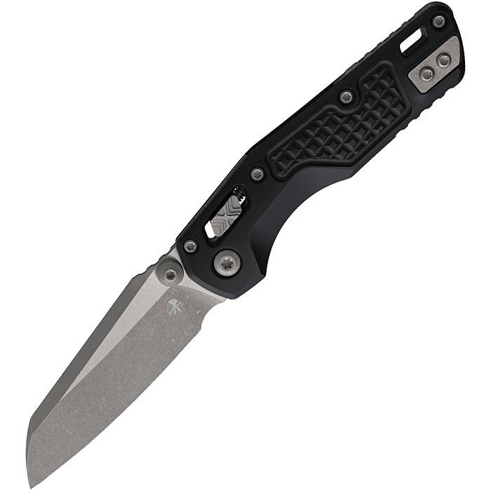 MCT210M10APFR 4.25" (10.8cm) closed. 3.25" (8.26cm) Apocalyptic finish Bohler M390MK stainless sheepsfoot blade. Black frag pattern aluminum handle. Pocket clip. Thumb pull. Lanyard hole.