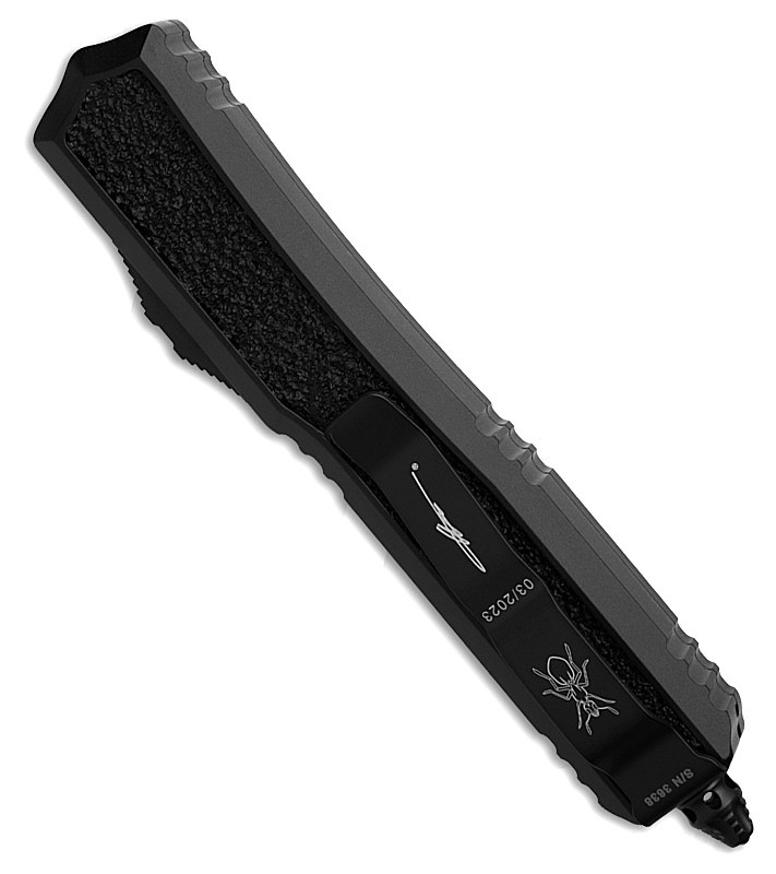 MCT2061TS Automatic opening. 5.13" (13.03cm) closed. 3.38" (8.59cm) black Cerakote finish double edge stainless dagger blade. Black anodized aluminum handle with black textured insert. Glass breaker. Lanyard hole. Pocket clip. Nickel Boron internals. Signature Series.