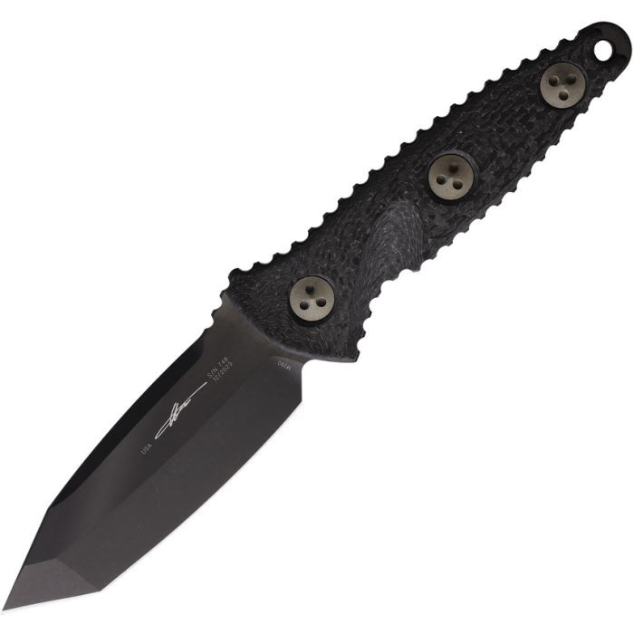 MCT114M1DLCCFS 8.17" (20.75cm) overall. 3.75" (9.53cm) black DLC coated premium steel tanto blade. Carbon fiber handle. Full, extended tang. Lanyard hole. Black Kydex belt sheath.