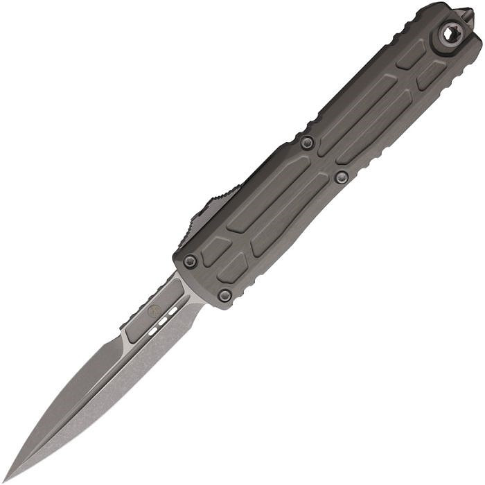MCT1120EX10APNC Automatic opening. 5" (12.7cm) closed. 3.5" (8.89cm) Apocalyptic finish double edge premium steel blade. Gray aluminum handle. Lanyard hole. Glass breaker. Pocket clip. Bayonet style blade. Zero Blade Play.