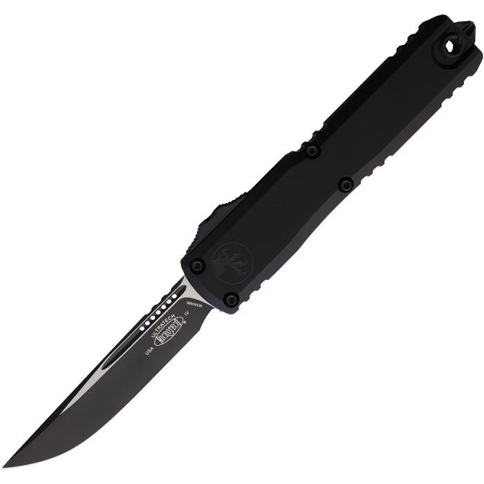 MCT112141T Automatic opening. 5" (12.7cm) closed. 3.5" (8.89cm) two-tone finish Bohler M390MK stainless blade. Black aluminum handle. Glass breaker. Lanyard hole. Pocket clip.