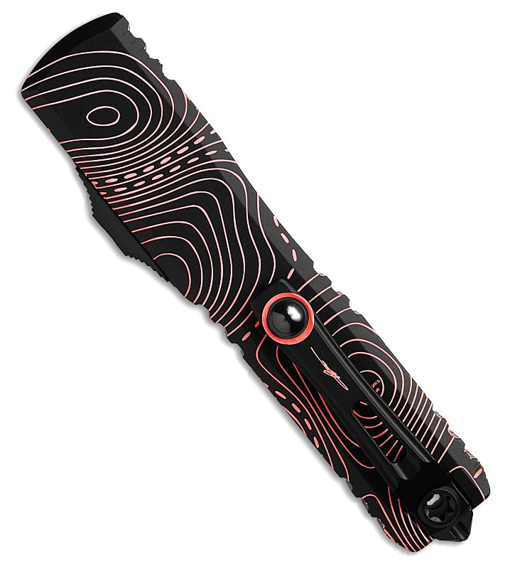 MCT112141TPBKPK Automatic opening. 5" (12.7cm) closed. 3.5" (8.89cm) Bohler M390MK stainless blade. Aluminum handle. Glass breaker. Lanyard hole. Pocket clip. Black and pink topographic blade and handle.
