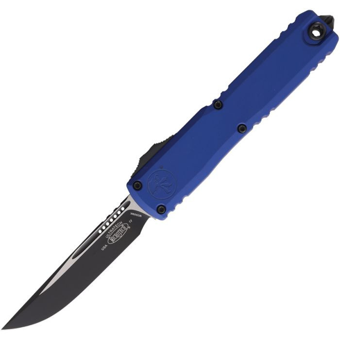 MCT112141NA Automatic opening. 5" (12.7cm) closed. 3.5" (8.89cm) two-tone finish Bohler M390MK stainless blade. Navy aluminum handle. Glass breaker. Lanyard hole. Pocket clip.