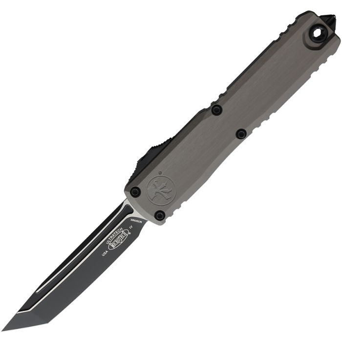 MCT112341NC Automatic opening. 5" (12.7cm) closed. 3.5" (8.89cm) two-tone finish Bohler M390MK stainless tanto blade. Gray aluminum handle. Pocket clip. Lanyard hole. Glass breaker.