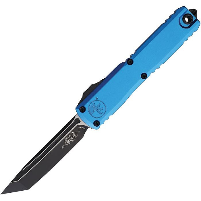 MCT112341BL Automatic opening. 5" (12.7cm) closed. 3.5" (8.89cm) two-tone finish Bohler M390MK stainless tanto blade. Blue aluminum handle. Pocket clip. Lanyard hole. Glass breaker.