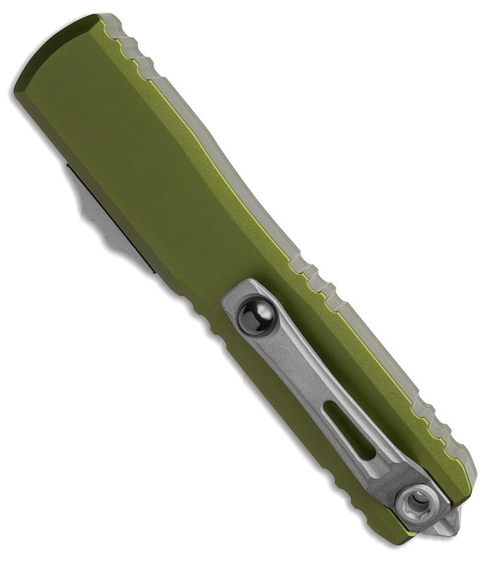 MCT1123410APOD Automatic opening. 5" (12.7cm) closed. 3.5" (8.89cm) Apocalyptic finish Bohler M390MK stainless tanto blade. OD green aluminum handle. Pocket clip. Lanyard hole. Glass breaker.