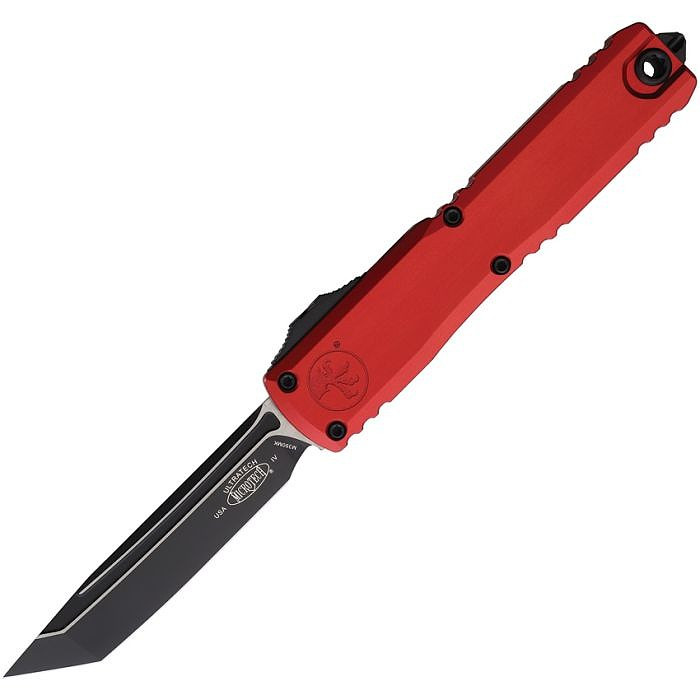 MCT112341RD Automatic opening. 5" (12.7cm) closed. 3.5" (8.89cm) two-tone finish Bohler M390MK stainless tanto blade. Red aluminum handle. Pocket clip. Lanyard hole. Glass breaker.