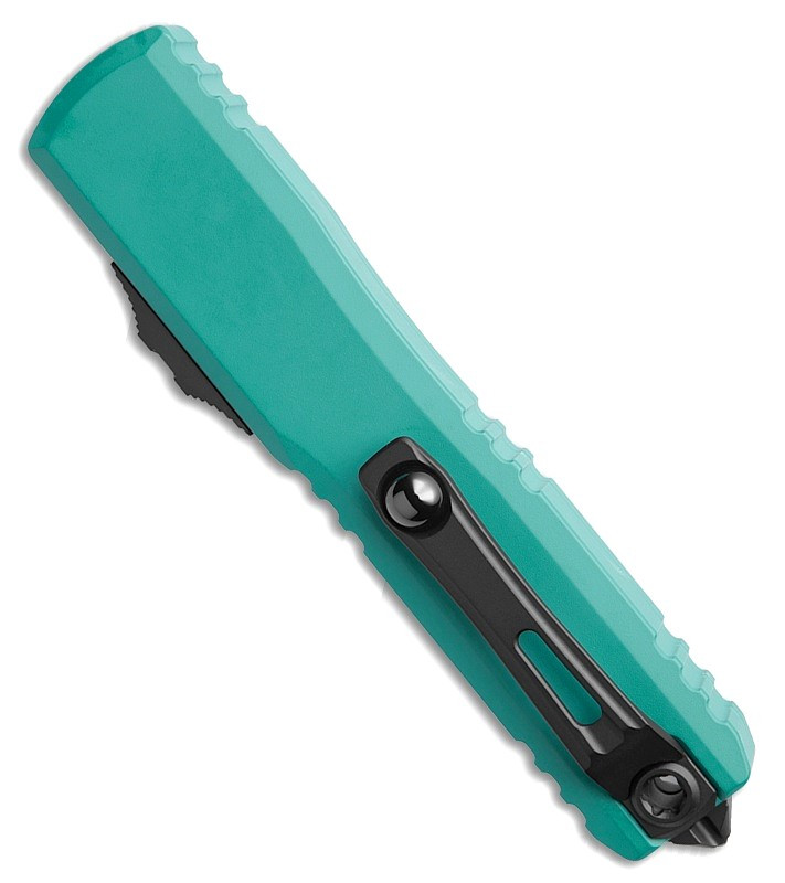 MCT112341CN Automatic opening. 5" (12.7cm) closed. 3.5" (8.89cm) two-tone finish Bohler M390MK stainless tanto blade. Cyan Cerakote aluminum handle. Pocket clip. Lanyard hole. Glass breaker.