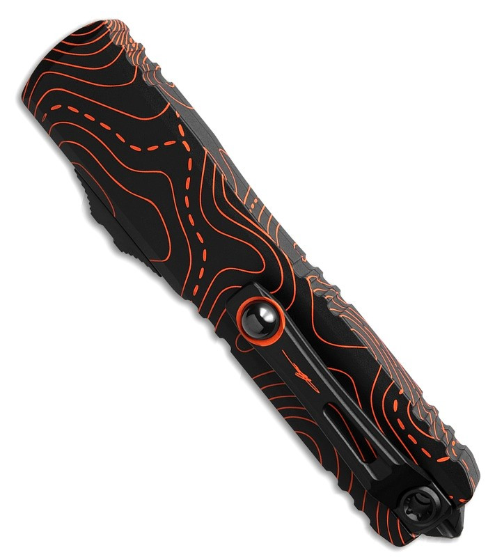 MCT112341TPBKOR Automatic opening. 5" (12.7cm) closed. 3.5" (8.89cm) Bohler M390MK stainless tanto blade. Aluminum handle. Pocket clip. Lanyard hole. Glass breaker. Topographic black and orange camo blade and handle.