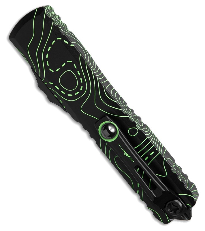 MCT112341TPBKPG Automatic opening. 5" (12.7cm) closed. 3.5" (8.89cm) Bohler M390MK stainless tanto blade. Aluminum handle. Pocket clip. Lanyard hole. Glass breaker. Topographic black and parakeet green camo blade and handle.