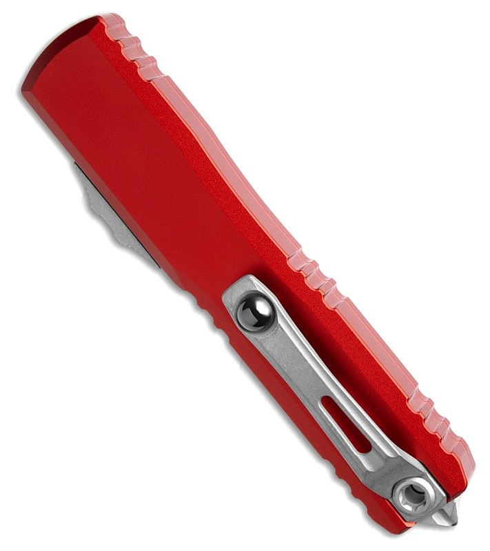 MCT1123410RD Automatic opening. 5" (12.7cm) closed. 3.5" (8.89cm) stonewash finish Bohler M390MK stainless tanto blade. Red aluminum handle. Pocket clip. Lanyard hole. Glass breaker.