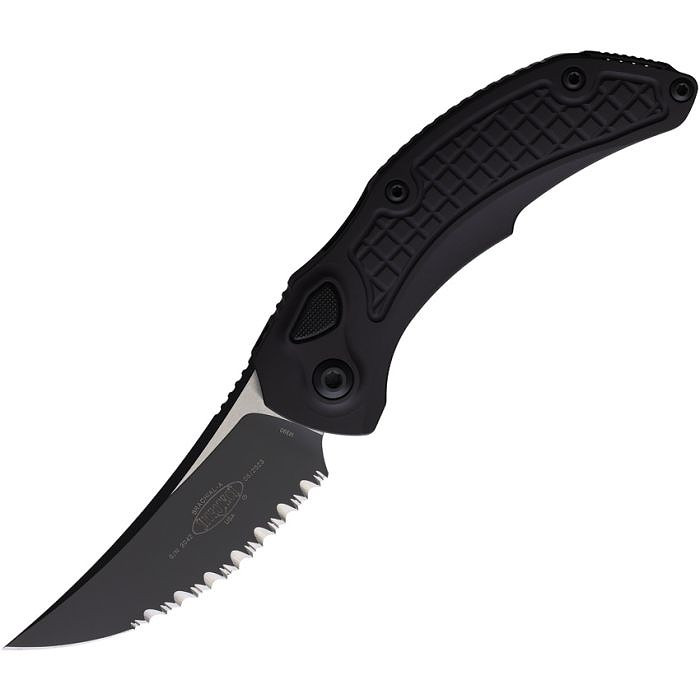 MCT268A3T Automatic opening. 4.75" (12.07cm) closed. 3.5" (8.89cm) black Cerakote finish serrated Bohler M390 stainless curved blade. Black textured aluminum handle. Pocket clip.