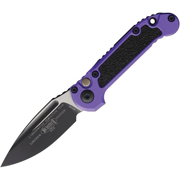 MCT11351PU Automatic opening. 4.5" (11.43cm) closed. 3.5" (8.89cm) two-tone finish Bohler M390MK stainless blade. Purple aluminum handle with black traction insert. Lanyard hole. Pocket clip.