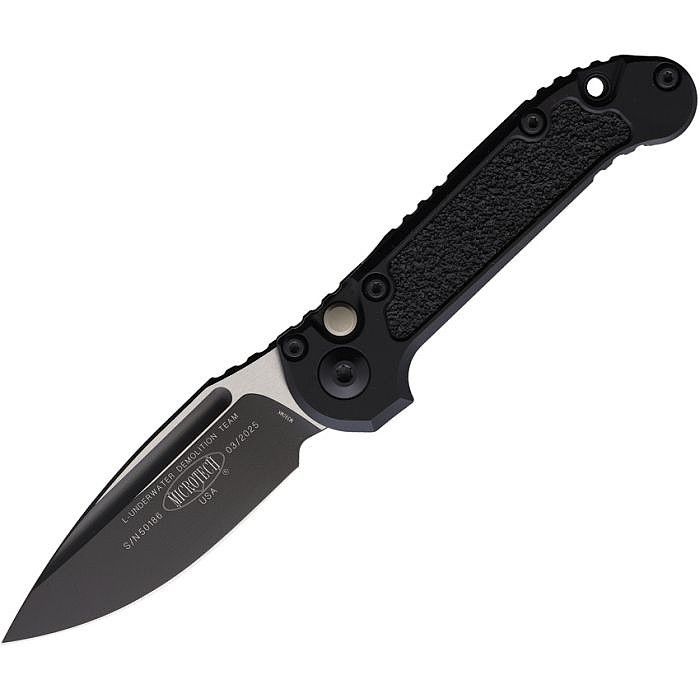 MCT11351T Automatic opening. 4.5" (11.43cm) closed. 3.5" (8.89cm) two-tone finish Bohler M390MK stainless blade. Black aluminum handle with black traction insert. Lanyard hole. Pocket clip.