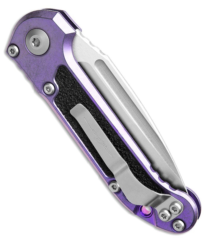 MCT113510MS10 Automatic opening. 4.5" (11.43cm) closed. 3.5" (8.89cm) stonewash finish Bohler M390MK stainless clip point blade. Purple Haze titanium handle with black traction inlay. Lanyard hole. Pocket clip. Purple titanium and double vapor blast stainless accents.