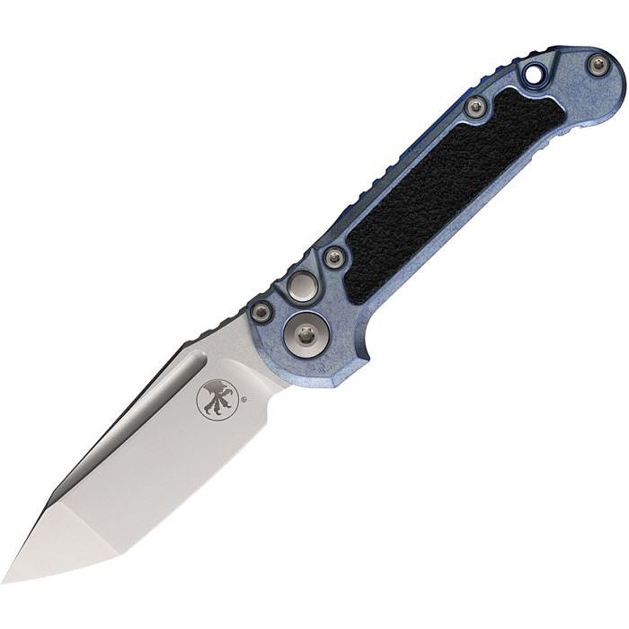 MCT113610MS12 Automatic opening. 4.5" (11.43cm) closed. 3.5" (8.89cm) stonewash finish Bohler M390MK stainless tanto blade. Ice blue titanium handle with black traction insert. Pocket clip. Lanyard hole. Double vapor blast stainless hardware.