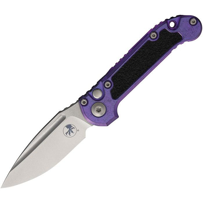 MCT113510MS10 Automatic opening. 4.5" (11.43cm) closed. 3.5" (8.89cm) stonewash finish Bohler M390MK stainless clip point blade. Purple Haze titanium handle with black traction inlay. Lanyard hole. Pocket clip. Purple titanium and double vapor blast stainless accents.
