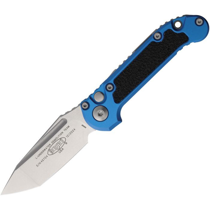 MCT113610BL Automatic opening. 4.5" (11.43cm) closed. 3.5" (8.89cm) stonewash finish Bohler M390MK stainless tanto blade. Blue aluminum handle with black traction insert. Lanyard hole. Pocket clip.