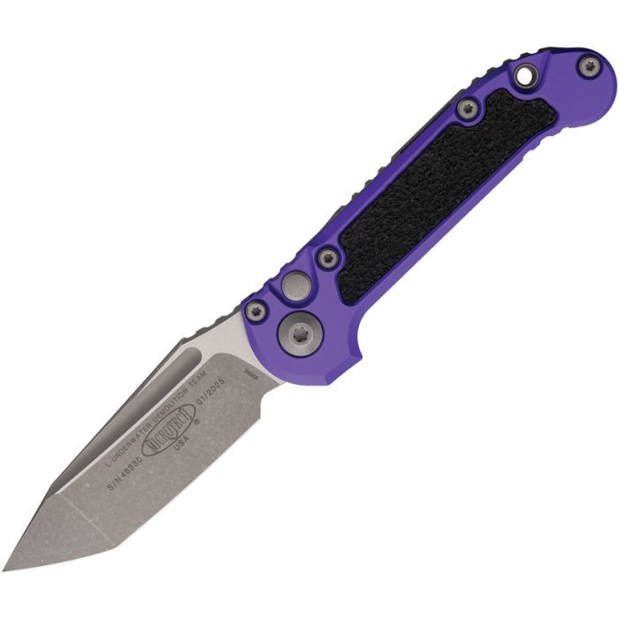 MCT113610APPU Automatic opening. 4.5" (11.43cm) closed. 3.5" (8.89cm) Apocalyptic finish Bohler M390MK stainless tanto blade. Purple aluminum handle with black traction insert. Lanyard hole. Pocket clip.