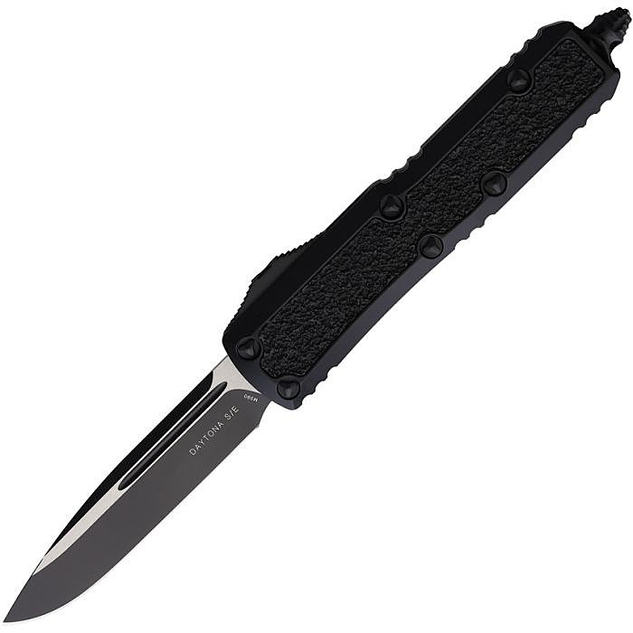 MCT1241TS Automatic opening. 4.38" (11.13cm) closed. 3.13 " (7.95cm) two-tone finish premium steel blade. Black aluminum handle with black traction insert. Lanyard hole. Glass breaker. Pocket clip.