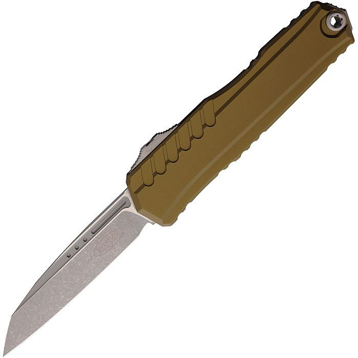 MCT124110APOD Automatic opening. 5" (12.7cm) closed. 3.5" (8.89cm) Apocalyptic finish premium steel Wharncliffe blade. OD green aluminum handle. Pocket clip. Lanyard hole. Glass breaker.