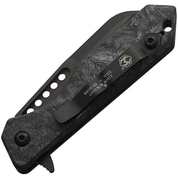 H2136AMGCF 4.5" (11.43cm) closed. 3" (7.62cm) black DLC coated CPM MagnaCut stainless Wharncliffe blade. Glow carbon fiber handle. Extended tang. Pocket clip.