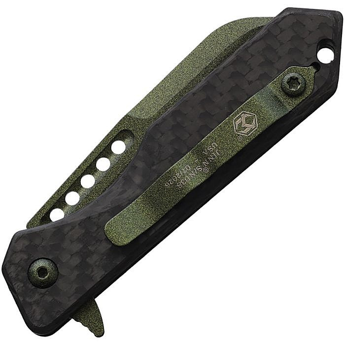 H213MGCF 4.5" (11.43cm) closed. 3" (7.62cm) CPM MagnaCut stainless Wharncliffe blade. Carbon fiber handle. Extended tang. Pocket clip. Green metallic coated blade, accents, and pocket clip.