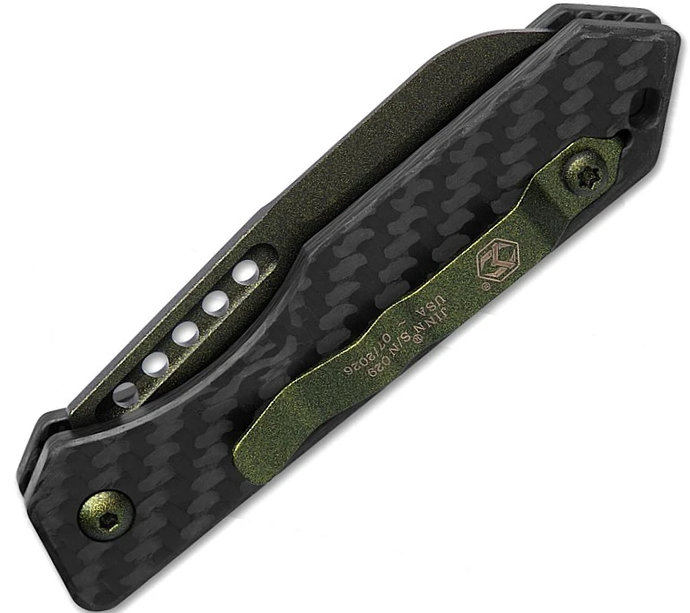 H113MGCF Jinn Push Button Automatic Knife Carbon Fiber (3" Metallic Green)
