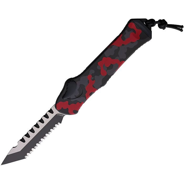 H00610CRCAMO Automatic opening. 5.5" (13.97cm) closed. 3.63" (9.22cm) two-tone finish serrated MagnaCut steel tanto blade. Red camo aluminum handle. Pocket clip. Lanyard hole. Recurve blade.