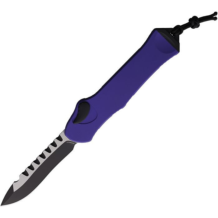 H00810APU Automatic opening. 5.5" (13.97cm) closed. 3.63" (9.22cm) two-tone finish MagnaCut steel blade. Purple aluminum handle. Lanyard hole. Pocket clip. Recurve blade.