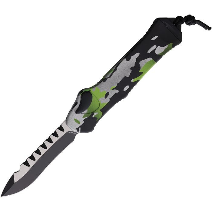 H00810AHCAMO Automatic opening. 5.5" (13.97cm) closed. 3.63" (9.22cm) two-tone finish MagnaCut steel blade. Heretic camo aluminum handle. Lanyard hole. Pocket clip. Recurve blade.