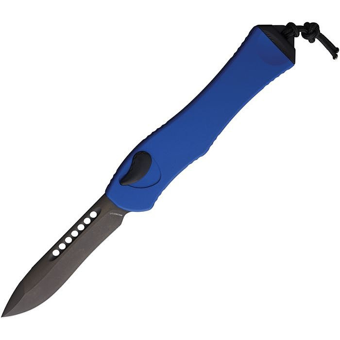 H4086ABLU Automatic opening. 5.5" (13.97cm) closed. 3.63" (9.22cm) black DLC coated MagnaCut steel recurve blade. Blue aluminum handle. Lanyard hole. Pocket clip.