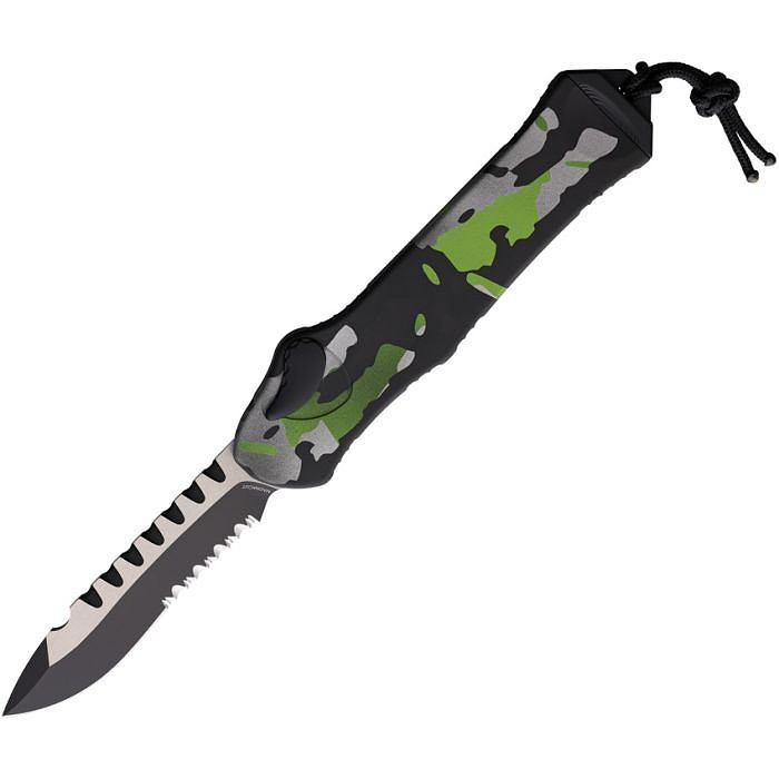 H00810BHCAMO Automatic opening. 5.5" (13.97cm) closed. 3.63" (9.22cm) two-tone finish partially serrated MagnaCut steel tanto blade. Camo aluminum handle. Pocket clip. Lanyard hole. Recurve blade.