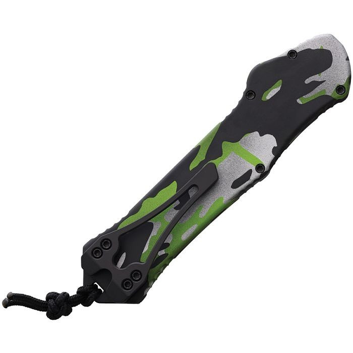 H00810BHCAMO Automatic opening. 5.5" (13.97cm) closed. 3.63" (9.22cm) two-tone finish partially serrated MagnaCut steel tanto blade. Camo aluminum handle. Pocket clip. Lanyard hole. Recurve blade.