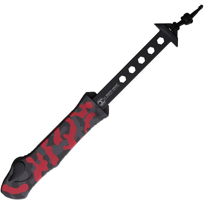 H00810BRCAMO Automatic opening. 5.5" (13.97cm) closed. 3.63" (9.22cm) two-tone finish partially serrated MagnaCut steel tanto blade. Red camo aluminum handle. Pocket clip. Lanyard hole.