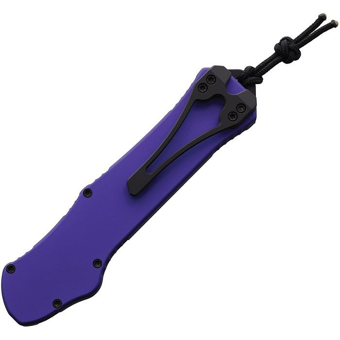 H00610APU Automatic opening. 5.5" (13.97cm) closed. 3.63" (9.22cm) two-tone finish MagnaCut steel tanto blade. Purple aluminum handle. Lanyard hole. Pocket clip.