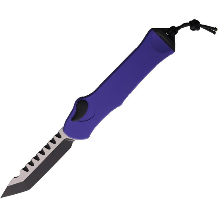 H00610APU Automatic opening. 5.5" (13.97cm) closed. 3.63" (9.22cm) two-tone finish MagnaCut steel tanto blade. Purple aluminum handle. Lanyard hole. Pocket clip.