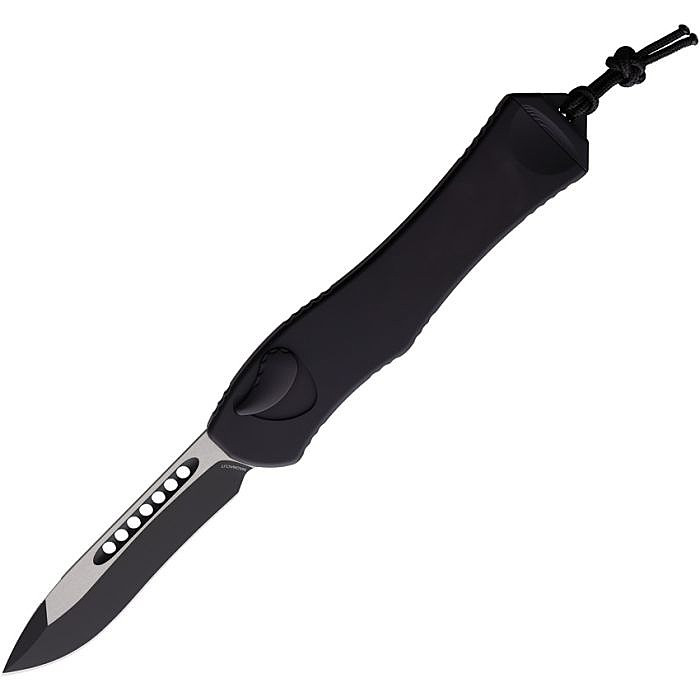 H40810AT 5.5" (13.97cm) closed. 3.63" (9.22cm) two-tone finish MagnaCut steel recurve blade. Black aluminum handle. Lanyard hole. Unique loading lever for retraction. Button safety.