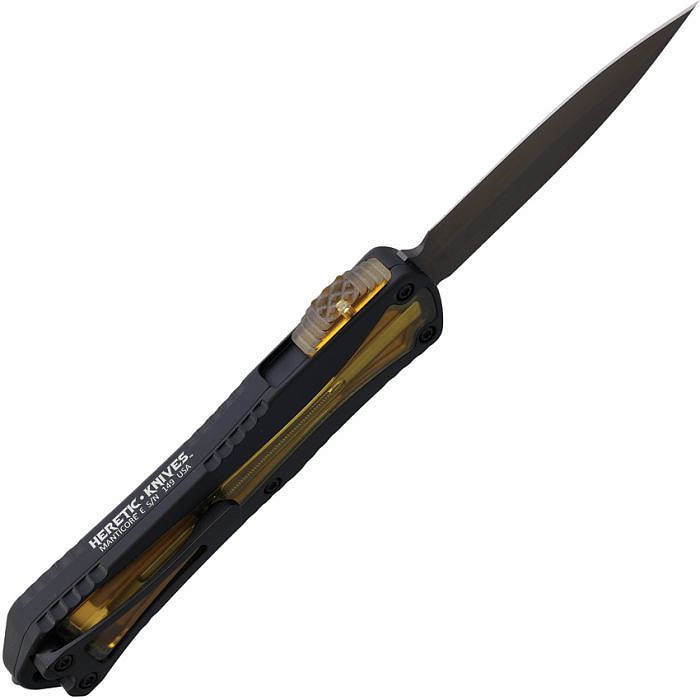 H0286CU 4.75" (12.07cm) closed. 3" (7.62cm) black DLC coated serrated CPM MagnaCut stainless spear point blade. Black aluminum handle with Ultem inlay. Glass breaker. Lanyard hole. Pocket clip. Double edge blade.
