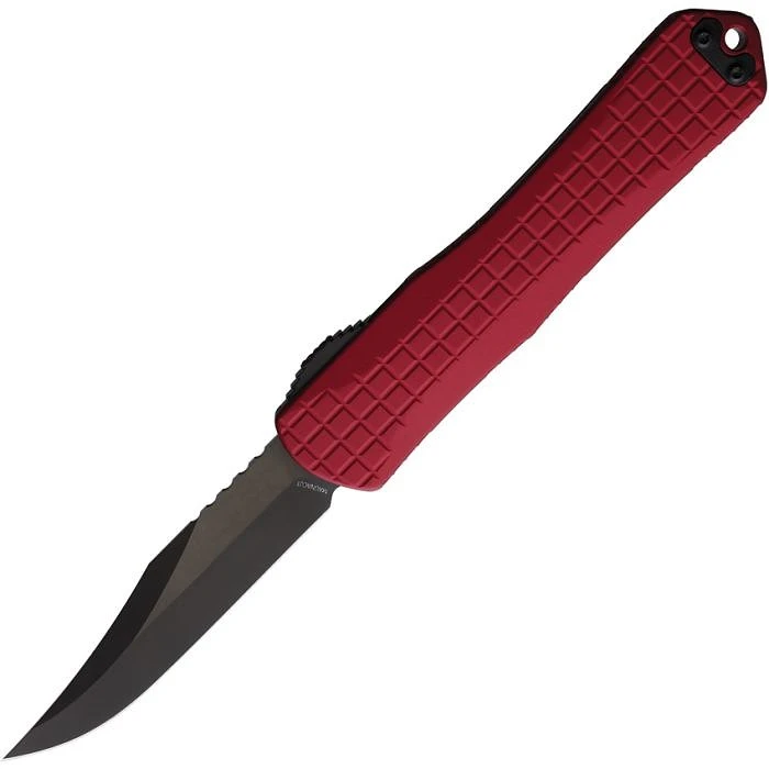 H030BF6ARED Automatic opening. 5.5" (13.97cm) closed. 3.75" (9.53cm) black stonewash finish MagnaCut steel bowie blade. Red grenade pattern aluminum handle. Glass breaker. Lanyard hole. Pocket clip.
