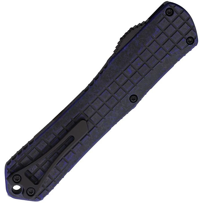 H030BF6ABRKPU Automatic opening. 5.5" (13.97cm) closed. 3.75" (9.53cm) black DLC coated MagnaCut steel bowie blade. Breakthrough purple aluminum handle. Lanyard hole. Pocket clip. Glass breaker. Grenade grip.