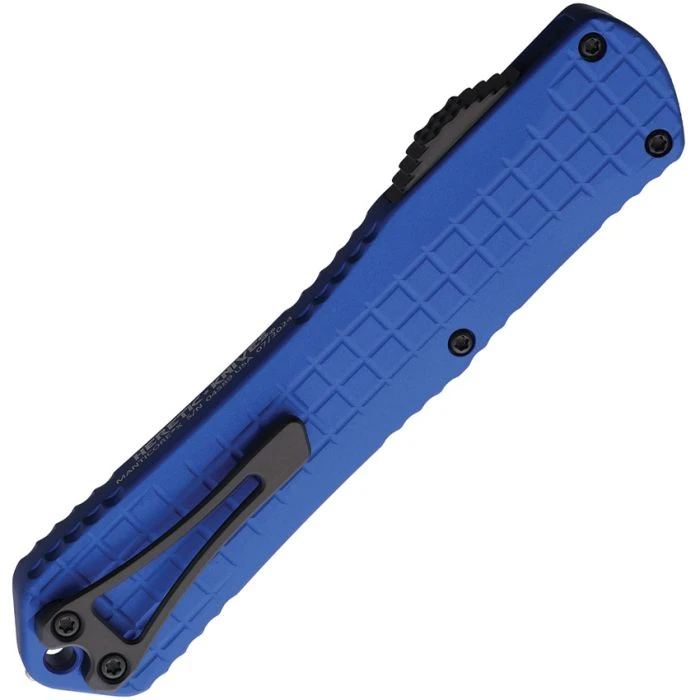 H030BF6ABLU Automatic opening. 5.5" (13.97cm) closed. 3.75" (9.53cm) black DLC coated Elmax steel bowie blade. Blue frag pattern aluminum handle. Glass breaker. Lanyard hole. Pocket clip.