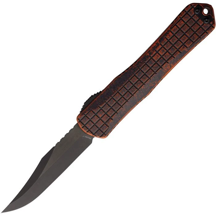 H030BF6ABRKORG Automatic opening. 5.5" (13.97cm) closed. 3.75" (9.53cm) black DLC coated MagnaCut steel bowie blade. Breakthrough orange aluminum handle. Lanyard hole. Pocket clip. Glass breaker.