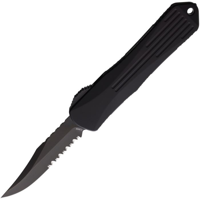 H026B6BPUCF 4.75" (12.07cm) closed. 3" (7.62cm) black DLC coated partially serrated Elmax steel bowie blade. Black anodized aluminum handle with Purple camo carbon fiber back handle. Glass breaker. Lanyard hole. Pocket clip. Serialized.