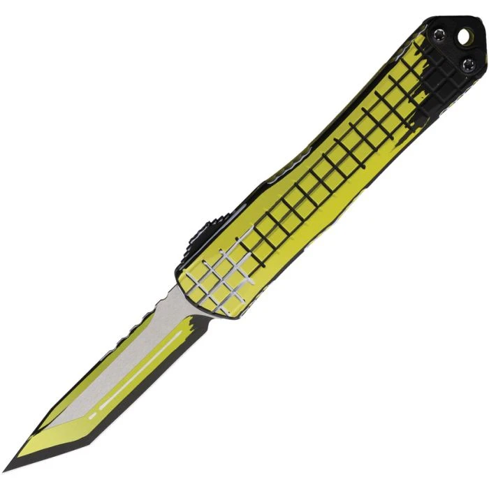 H023FCSYW Automatic opening. 3.88" (9.86cm) closed. 2.63" (6.68cm) CPM MagnaCut stainless tanto blade. Grenade pattern aluminum handle. Lanyard hole. Pocket clip. Glass breaker. Yellow Cel shading blade and handle.
