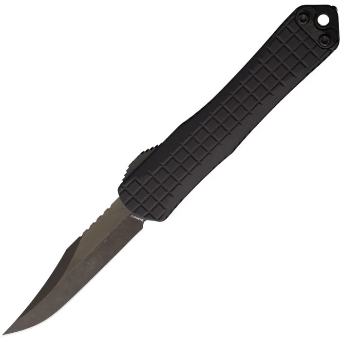 H022BF6AT Automatic opening. 3.88" (9.86cm) closed. 2.63" (6.68cm) black DLC coated CPM MagnaCut stainless bowie blade. Black grenade pattern aluminum handle. Lanyard hole. Pocket clip.